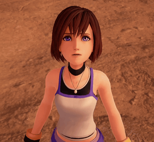 A Girl With Purple Eyes Is Wearing A Tank Top And A Necklace GIF