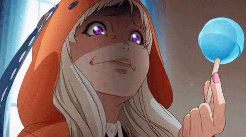 A Girl With Purple Eyes Is Wearing An Orange Hood And Holding A Blue Lollipop GIF