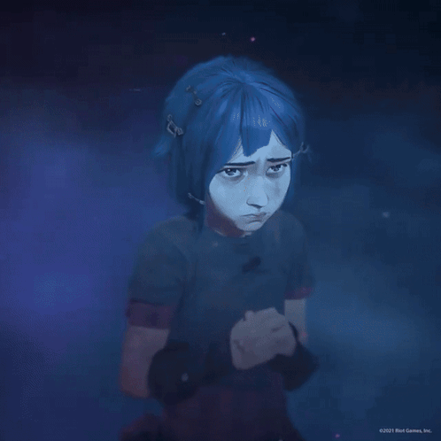 A Girl With Purple Hair And A Black Shirt With A Cross On It GIF