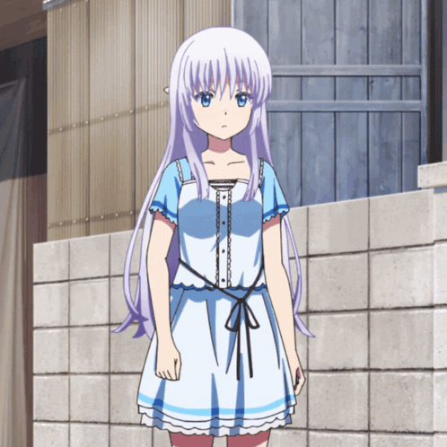 A Girl With Purple Hair And A Blue Dress Stands In Front Of A Brick Wall GIF