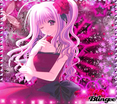 A Girl With Purple Hair And A Flower In Her Hair Is Surrounded By Pink Flowers And Stars GIF