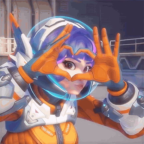 A Girl With Purple Hair And A Helmet That Says Ted Mah On It GIF
