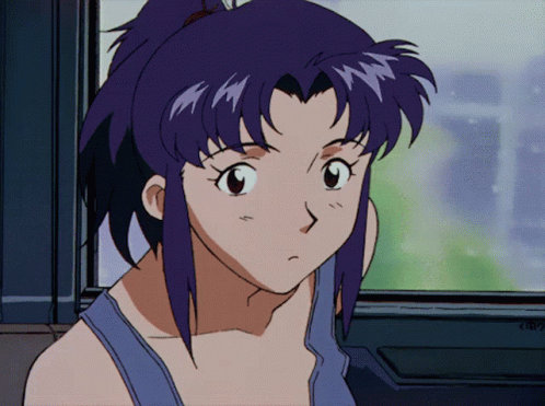 A Girl With Purple Hair And A Ponytail Is Looking Out A Window GIF