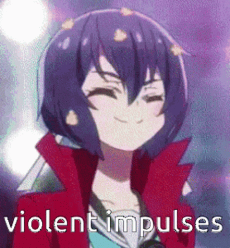 A Girl With Purple Hair And A Red Jacket Is Smiling And The Words Violent Impulses Are Written Below Her . GIF