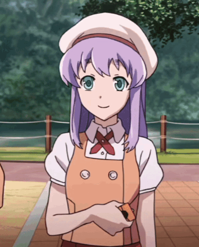 A Girl With Purple Hair And A White Hat GIF