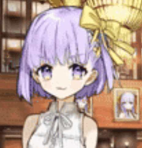 A Girl With Purple Hair And A Yellow Bow In Her Hair Is Standing In Front Of A Picture . GIF