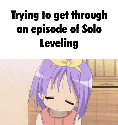 a girl with purple hair and a yellow bow on her head says trying to get through an episode of solo leveling
