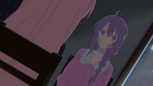 A Girl With Purple Hair And Bandages On Her Neck GIF