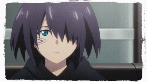 A Girl With Purple Hair And Blue Eyes Has A Scar On Her Face GIF