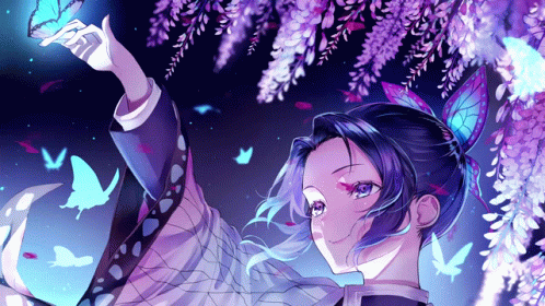 A Girl With Purple Hair And Blue Eyes Is Holding A Blue Butterfly GIF