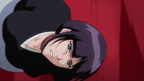 A Girl With Purple Hair And Blue Eyes Is Looking Up GIF