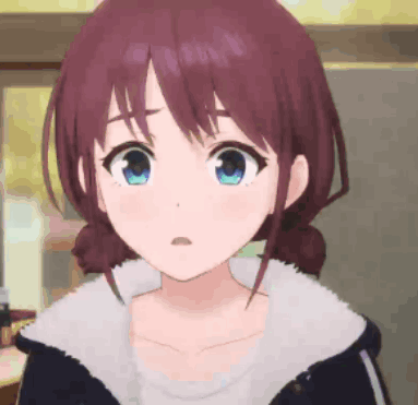 A Girl With Purple Hair And Blue Eyes Is Wearing A Jacket . GIF