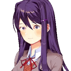 a girl with purple hair and blue eyes is wearing a school uniform and tie .