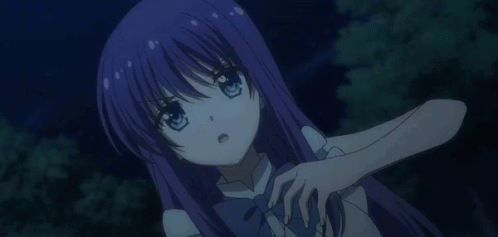 A Girl With Purple Hair And Blue Eyes Looks Up At The Sky GIF