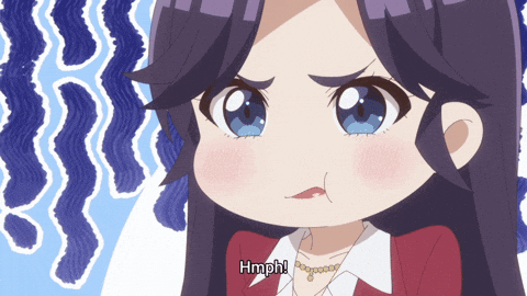 A Girl With Purple Hair And Blue Eyes Says Hmph In A Cartoon GIF