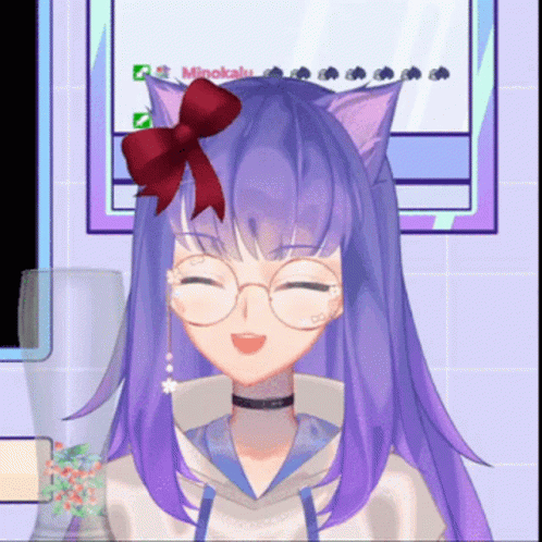 A Girl With Purple Hair And Cat Ears Is Smiling In Front Of A Mirror GIF