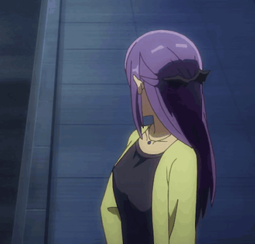 a girl with purple hair and glasses is standing in front of a purple light