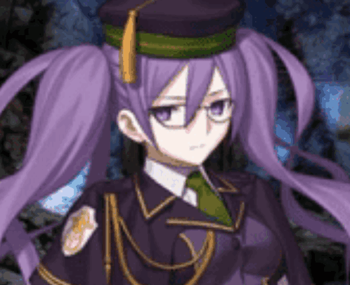 A Girl With Purple Hair And Glasses Is Wearing A Purple Uniform And A Hat . GIF