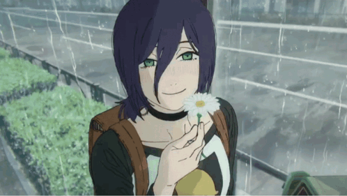 A Girl With Purple Hair And Green Eyes Holds A Flower In Her Hand GIF