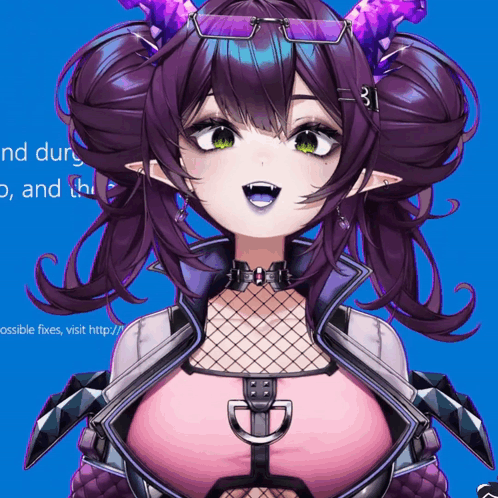 Girl With Purple Hair And Horns In Front Of Blue Screen GIF