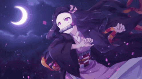 A Girl With Purple Hair And Pink Eyes Is Dancing In Front Of A Crescent Moon GIF