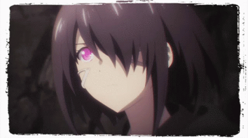 A Girl With Purple Hair And Pink Eyes Looks Down GIF