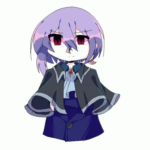 A Girl With Purple Hair And Red Eyes Is Wearing A Black Cape GIF