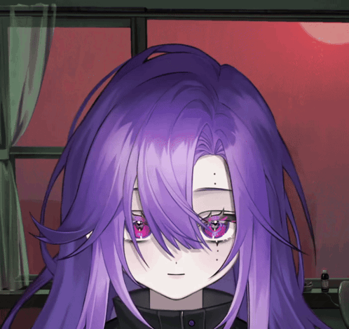 A Girl With Purple Hair And Red Eyes Looks At The Camera GIF