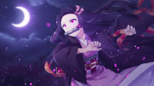 A Girl With Purple Hair And Red Eyes Stands In Front Of A Purple Crescent Moon GIF