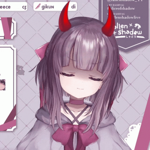 A Girl With Purple Hair And Red Horns Is Standing In Front Of A Sign That Says Glikun GIF