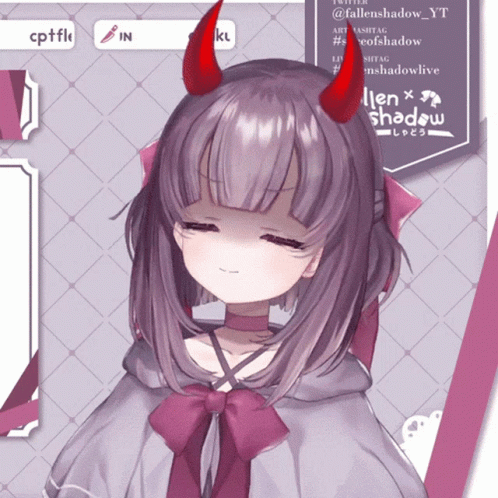 A Girl With Purple Hair And Red Horns Is Standing In Front Of Fallen Shadow GIF