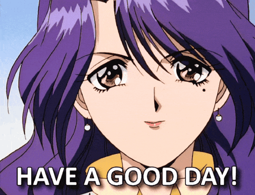 A Girl With Purple Hair And The Words Have A Good Day GIF
