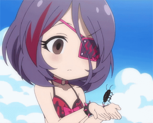 A Girl With Purple Hair Holds A Cockroach On Her Wrist GIF