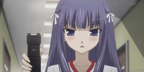 A Girl With Purple Hair Holds A Flashlight In Her Hand GIF