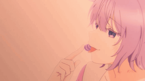 A Girl With Purple Hair Is Brushing Her Teeth With A Pink Toothbrush GIF