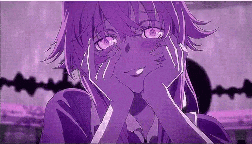 A Girl With Purple Hair Is Covering Her Face With Her Hands And Looking At The Camera . GIF