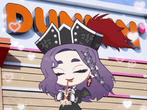 A Girl With Purple Hair Is Drinking Through A Straw In Front Of A Dunkin ' Donuts Sign GIF
