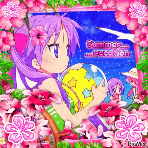 A Girl With Purple Hair Is Holding A Beach Ball With The Words Summer Vacation Written On It GIF