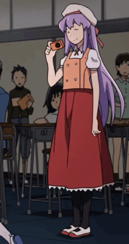 A Girl With Purple Hair Is Holding A Camera GIF
