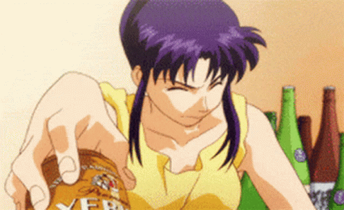 A Girl With Purple Hair Is Holding A Can That Says Yebisu On It GIF