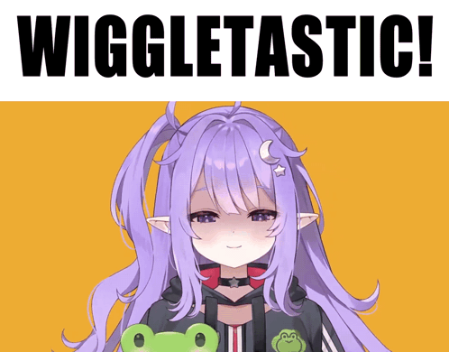 A Girl With Purple Hair Is Holding A Green Frog In Front Of A Sign That Says Wiggletastici GIF
