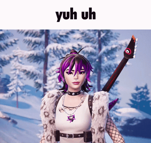 A Girl With Purple Hair Is Holding A Guitar In Front Of A Snowy Forest And The Words Yuh Uh Are Above Her GIF