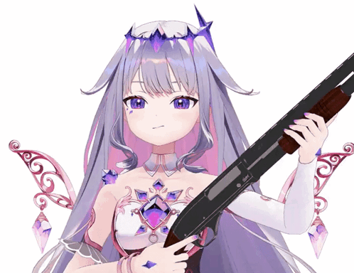 A Girl With Purple Hair Is Holding A Shotgun In Her Hands GIF