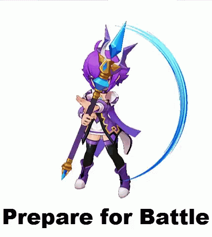 A Girl With Purple Hair Is Holding A Sword And The Words Prepare For Battle Are Below Her GIF