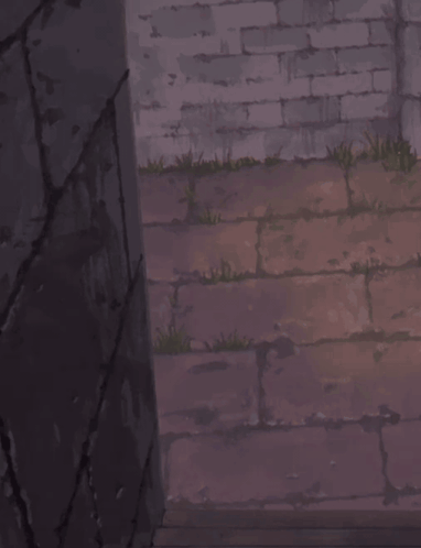a girl with purple hair is peeking out from behind a stone wall