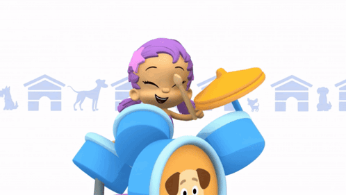 A Girl With Purple Hair Is Playing Drums With A Dog Behind Her GIF
