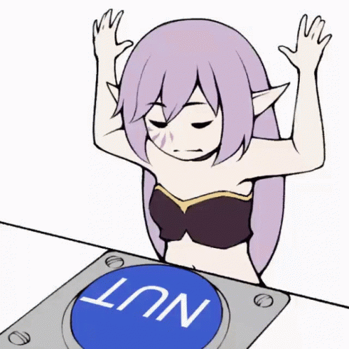 A Girl With Purple Hair Is Pressing A Blue Button That Says Nut GIF