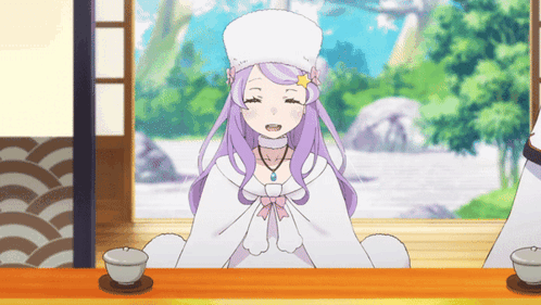 A Girl With Purple Hair Is Sitting At A Table With Two Cups Of Tea GIF