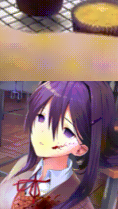 A Girl With Purple Hair Is Sitting In Front Of A Table With A Bowl Of Soup On It . GIF