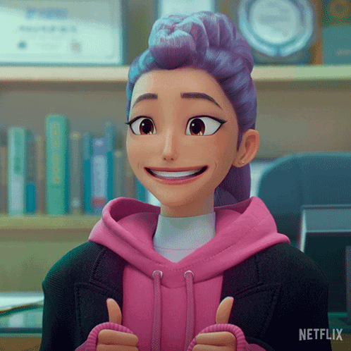 A Girl With Purple Hair Is Smiling And Giving A Thumbs Up GIF
